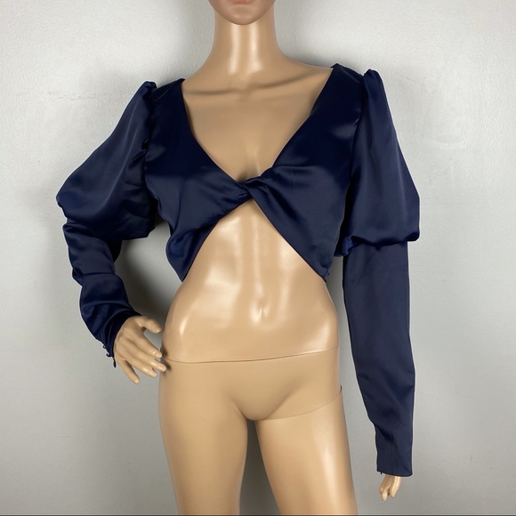 NEW NBD REVOLVE BLUE SATIN LONG SLEEVE CROP TOP - Picture 2 of 8